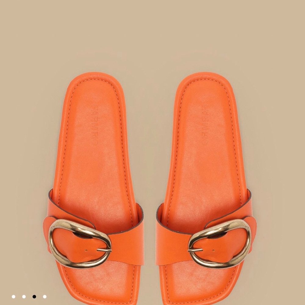 FARM Rio Orange Leather Slide Sandals with Gold Buckle